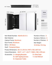 Medicine Cabinet, 25.5 x 40 inch, Medicine Cabinet for Bathroom with Mirror, Aluminum Frame Bathroom Wall V952-JXYJJXJ25540X2HYLV0