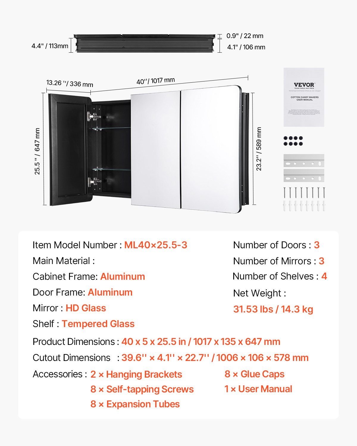Medicine Cabinet, 25.5 x 40 inch, Medicine Cabinet for Bathroom with Mirror, Aluminum Frame Bathroom Wall V952-JXYJJXJ25540X2HYLV0