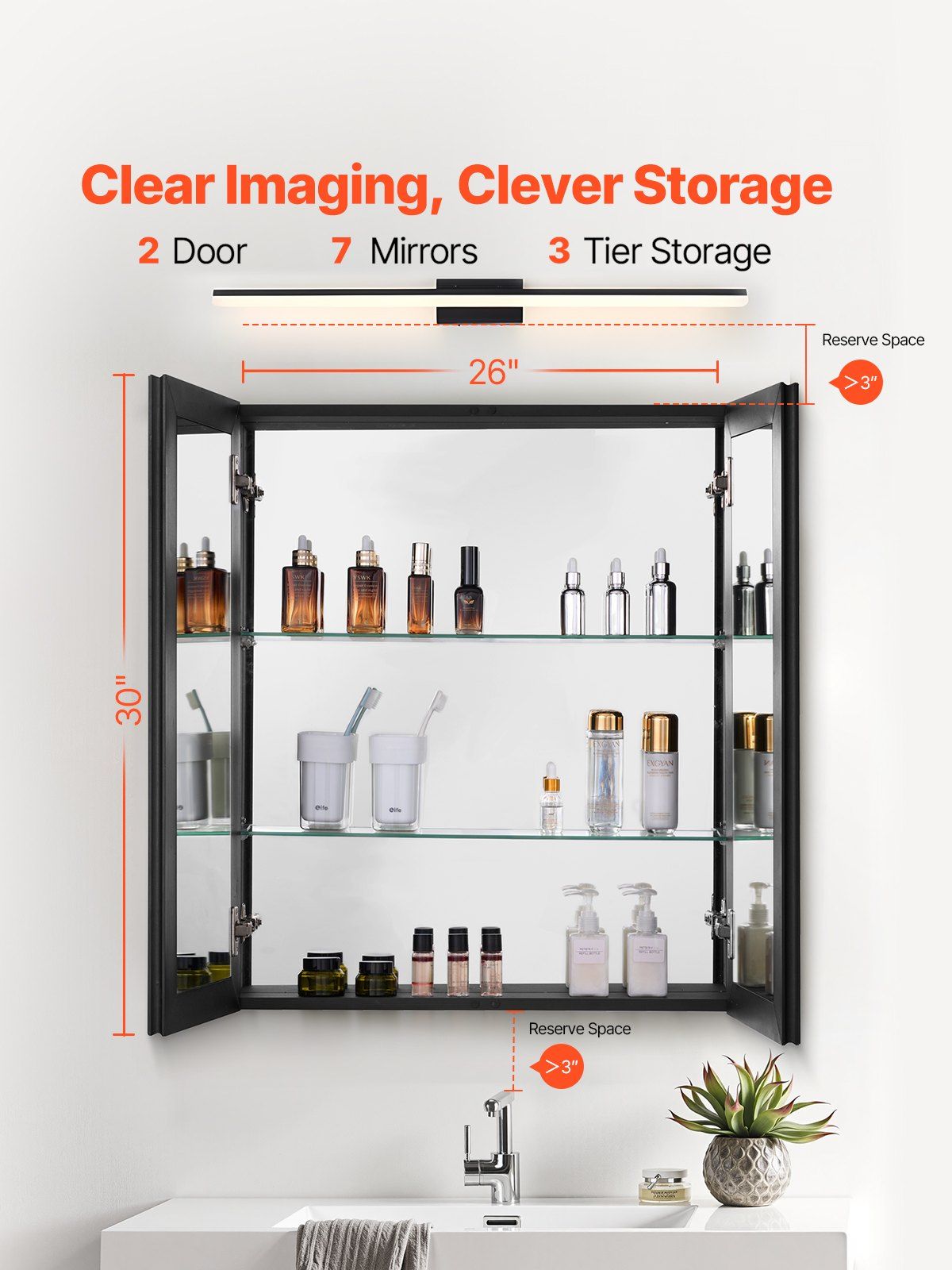Medicine Cabinet, 26 x 30 inch, Medicine Cabinet for Bathroom with Mirror, Aluminum Frame Bathroom Wall V952-JXYJJXJ2630IPL2I7V0