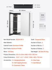 Medicine Cabinet, 26 x 30 inch, Medicine Cabinet for Bathroom with Mirror, Aluminum Frame Bathroom Wall V952-JXYJJXJ2630IPL2I7V0