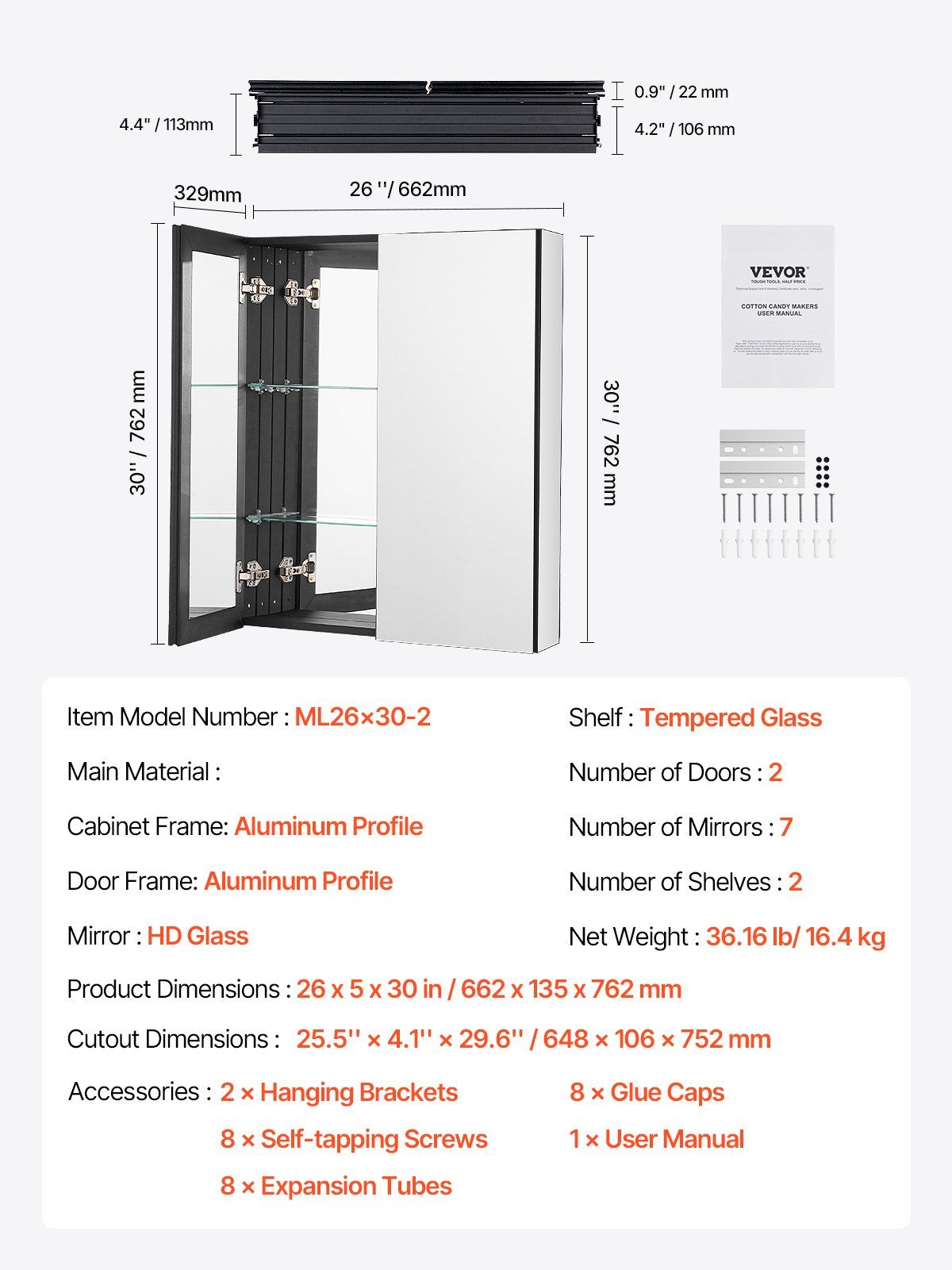 Medicine Cabinet, 26 x 30 inch, Medicine Cabinet for Bathroom with Mirror, Aluminum Frame Bathroom Wall V952-JXYJJXJ2630IPL2I7V0