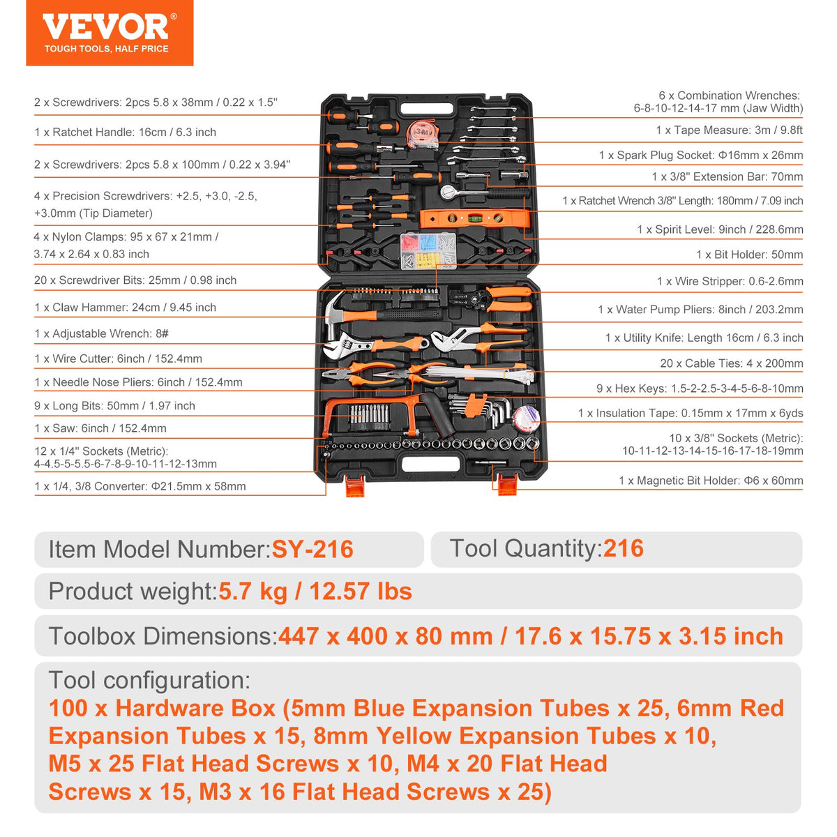 Tool Kit 216 Piece General Household Hand Tool Set with Portable Tool Case V952-JYGJTZ799PCSGG78EV0