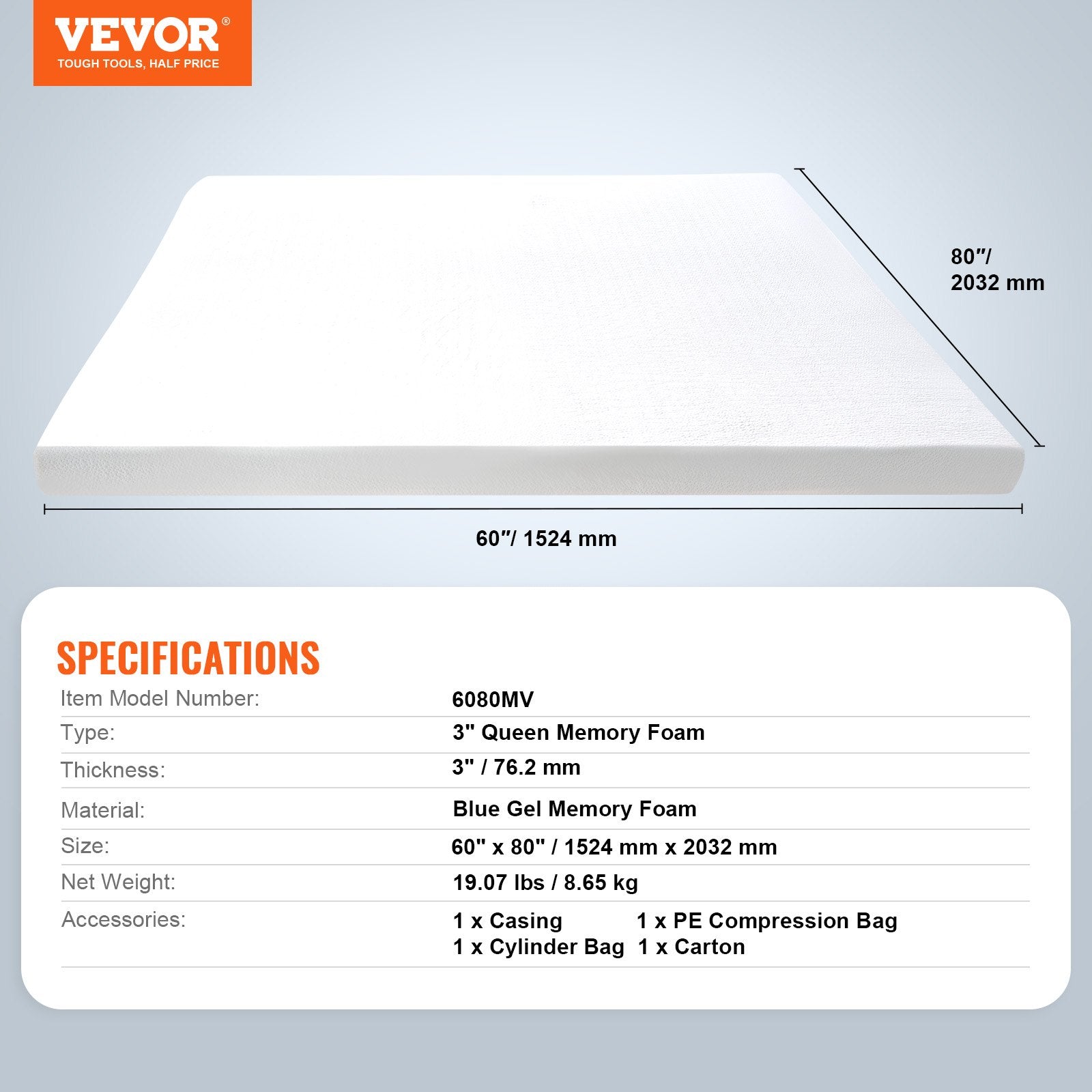 Mattress Topper Memory Foam Detachable & Washable Queen 76.2 mm Thickness V952-JYHMD6080INCMVYELV0