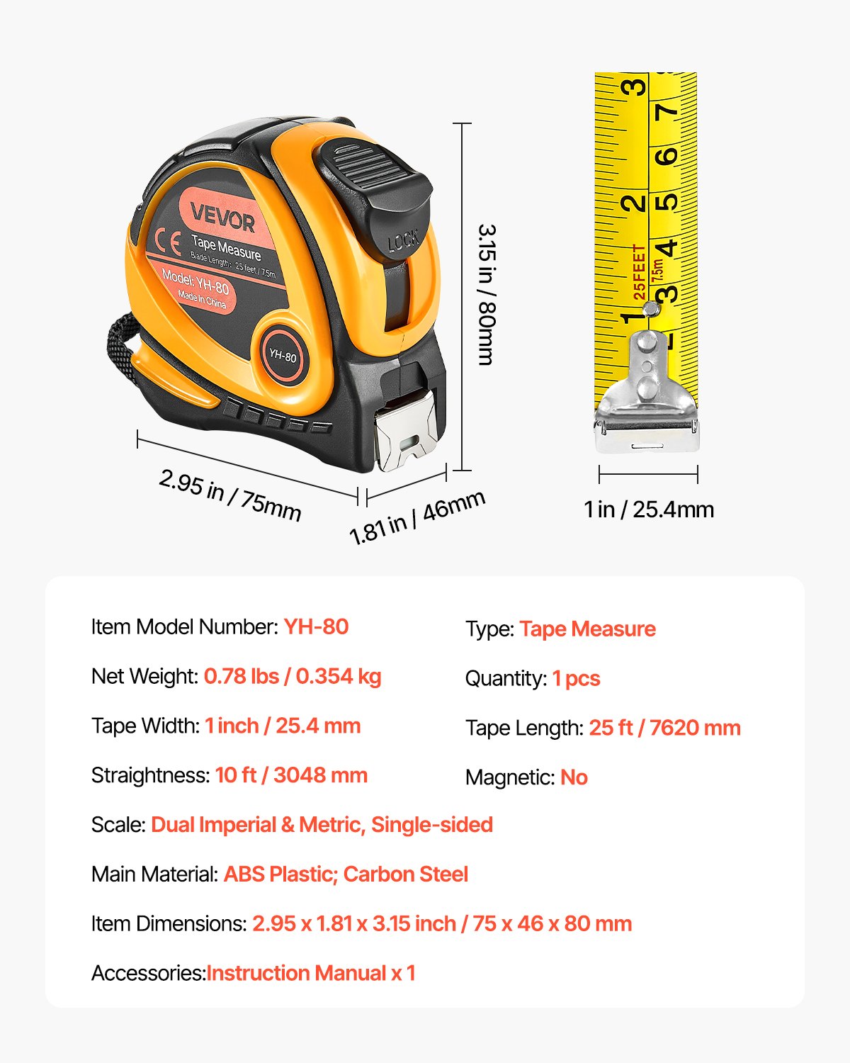 Tape Measure 7620mm Retractable Imperial Metric for Decoration V952-JYJC25INCH255RTY3001V0