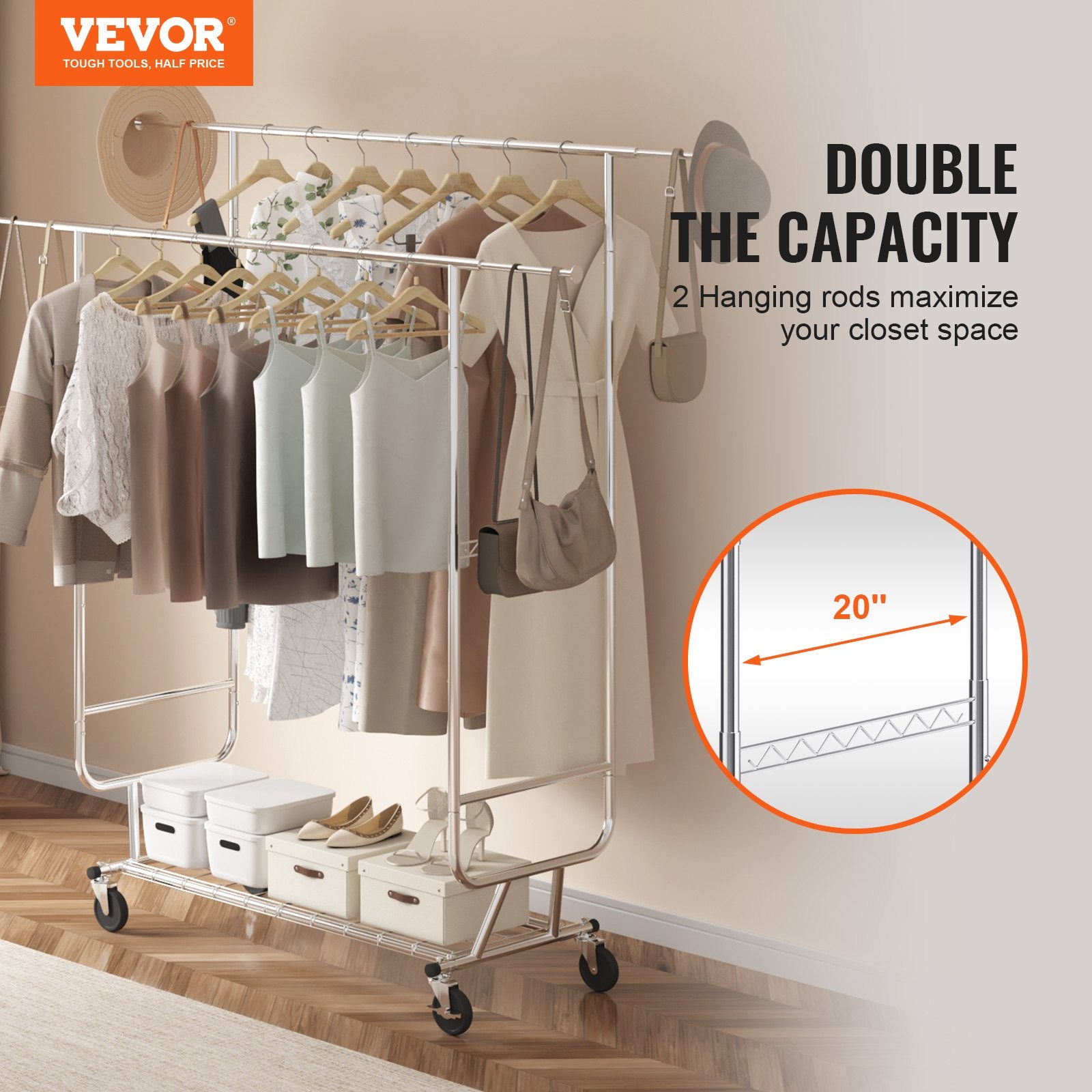 Heavy Duty Clothes Rack, Double Hanging Rod Clothing Garment Rack for Hanging Clothes, Adjustable Height and V952-JYKCYJ4858221BPVDV0