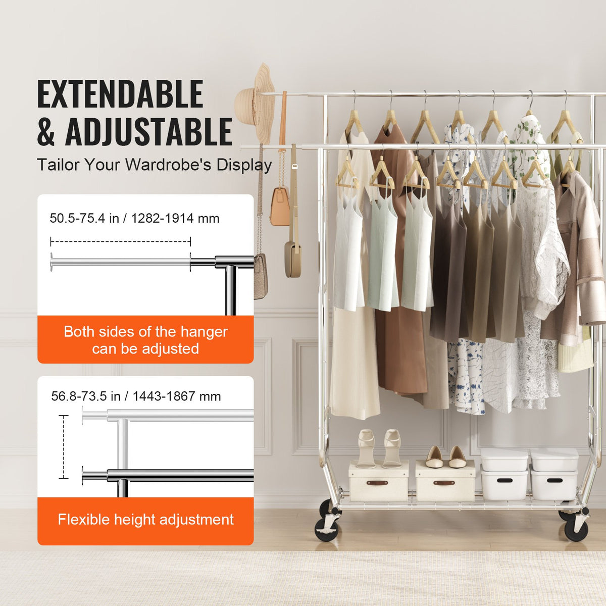 Heavy Duty Clothes Rack, Double Hanging Rod Clothing Garment Rack for Hanging Clothes, Adjustable Height and V952-JYKCYJ4858221BPVDV0