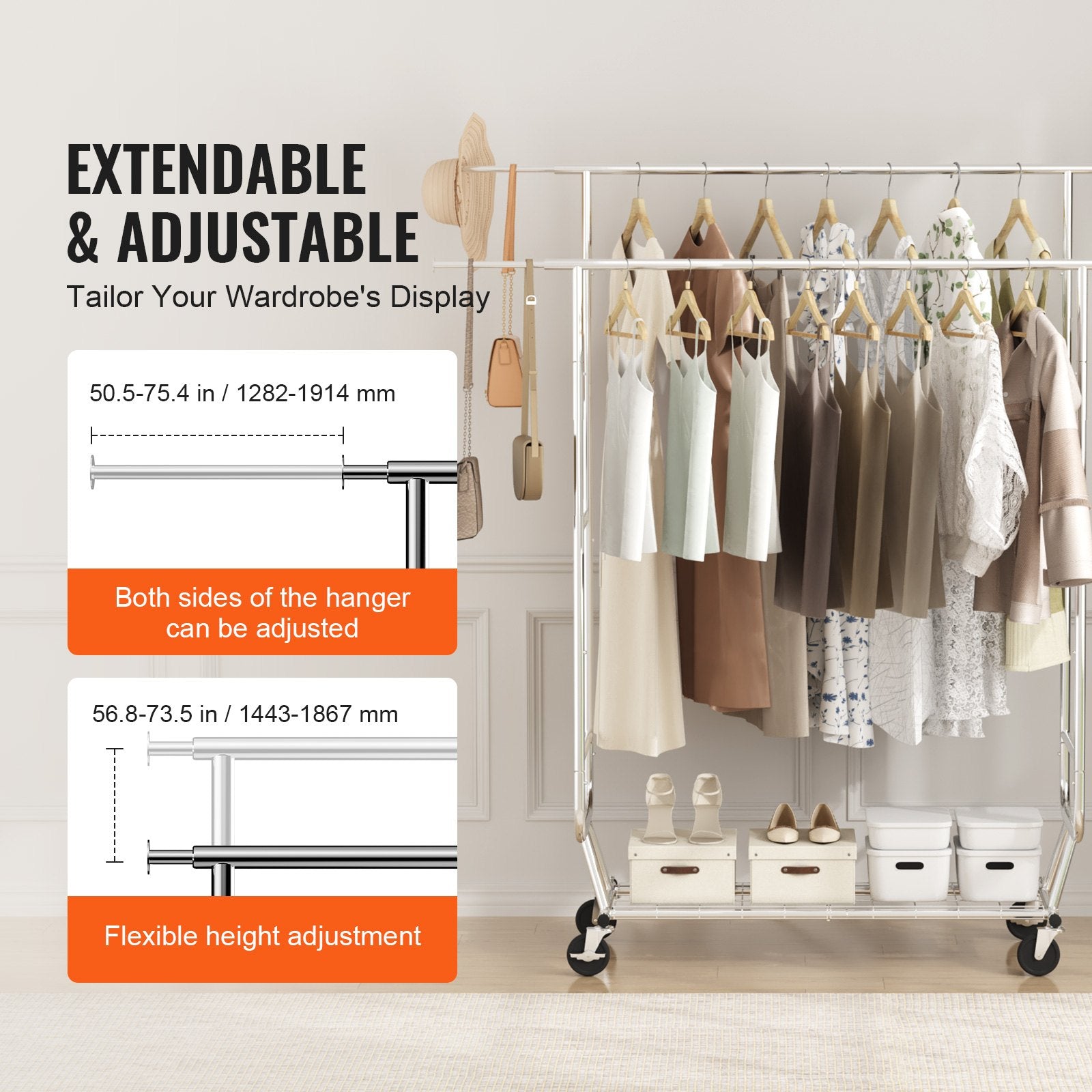 Heavy Duty Clothes Rack, Double Hanging Rod Clothing Garment Rack for Hanging Clothes, Adjustable Height and V952-JYKCYJ4858221BPVDV0