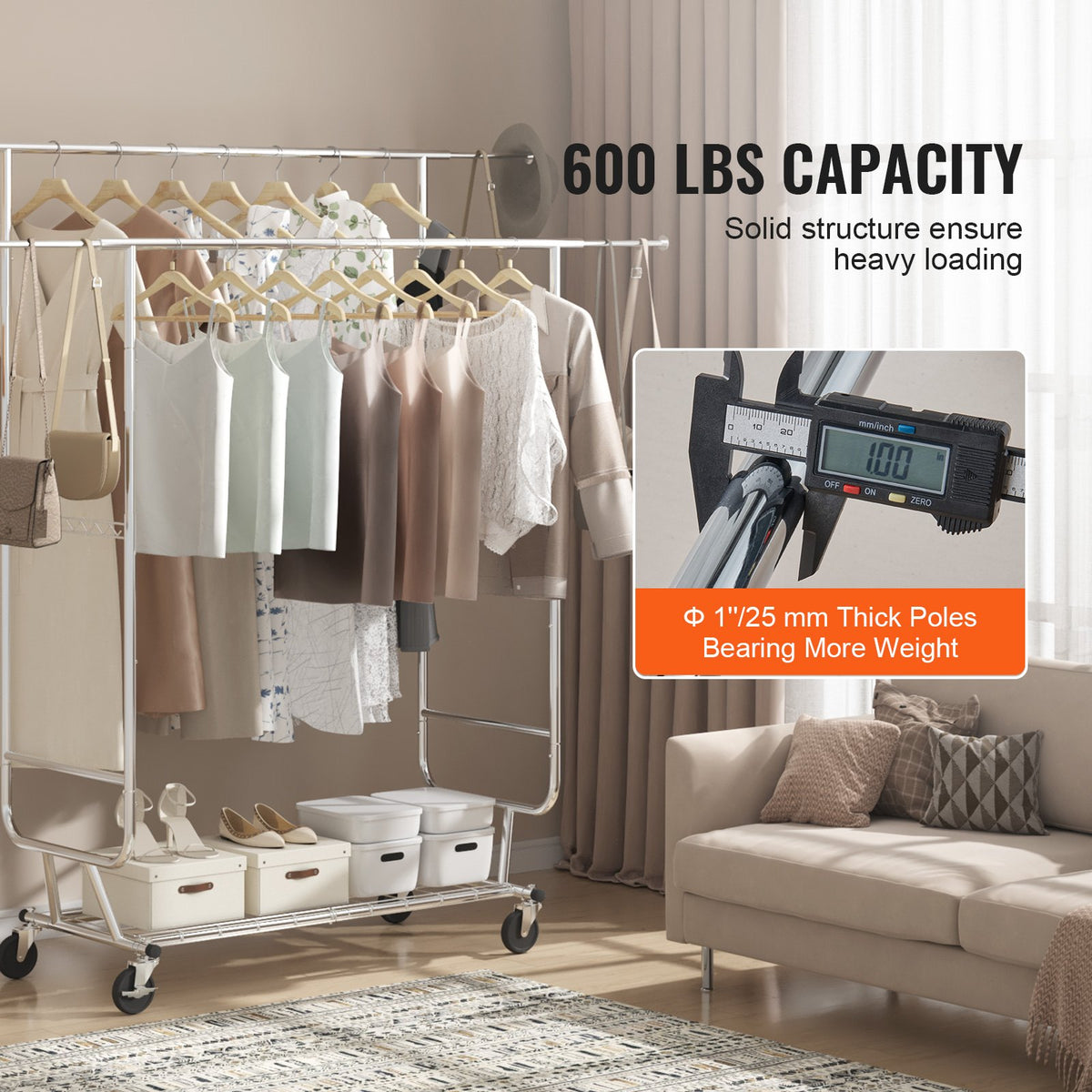 Heavy Duty Clothes Rack, Double Hanging Rod Clothing Garment Rack for Hanging Clothes, Adjustable Height and V952-JYKCYJ4858221BPVDV0