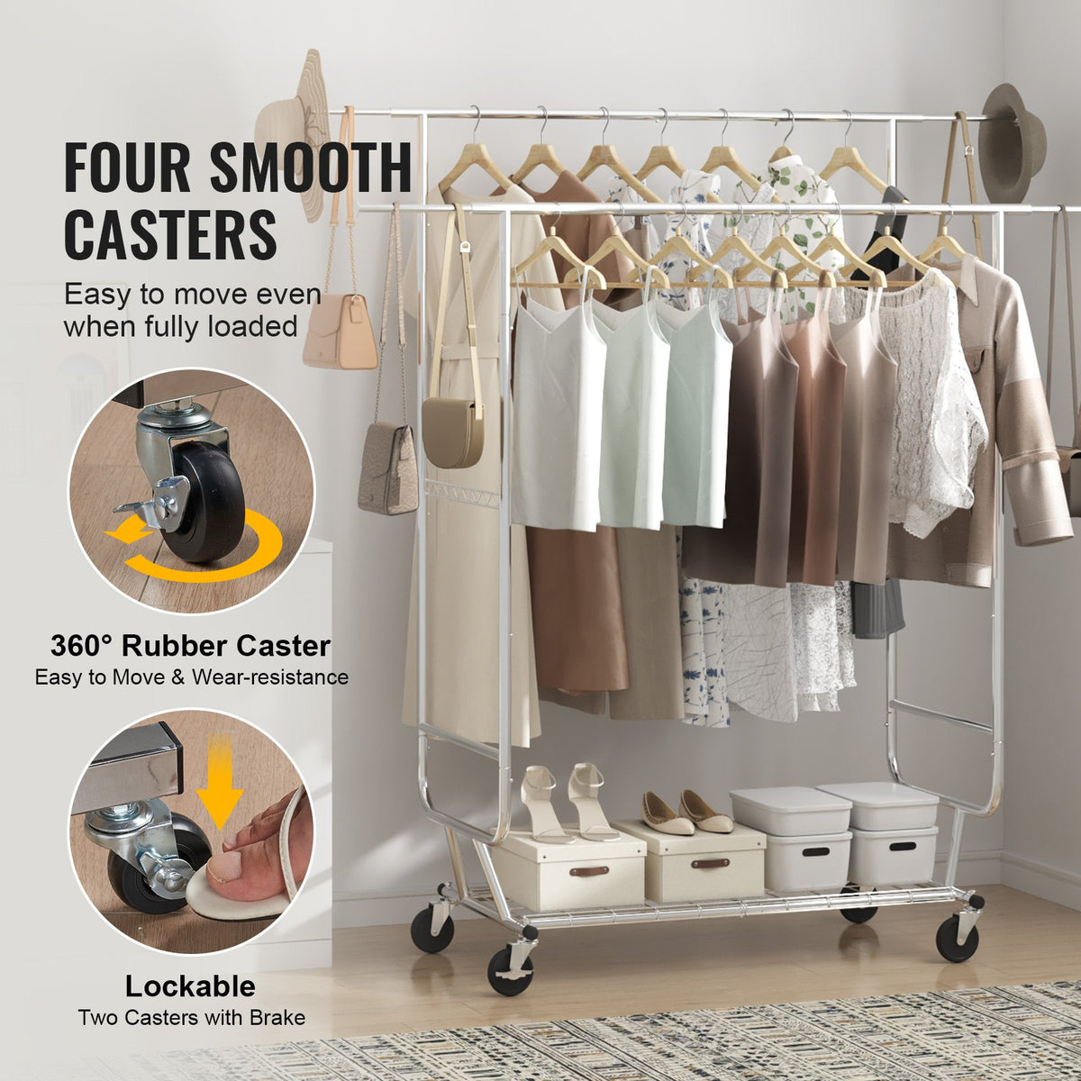 Heavy Duty Clothes Rack, Double Hanging Rod Clothing Garment Rack for Hanging Clothes, Adjustable Height and V952-JYKCYJ4858221BPVDV0