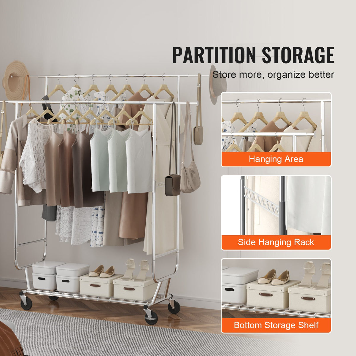Heavy Duty Clothes Rack, Double Hanging Rod Clothing Garment Rack for Hanging Clothes, Adjustable Height and V952-JYKCYJ4858221BPVDV0