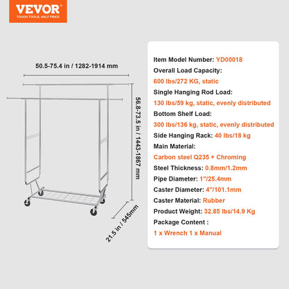 Heavy Duty Clothes Rack, Double Hanging Rod Clothing Garment Rack for Hanging Clothes, Adjustable Height and V952-JYKCYJ4858221BPVDV0