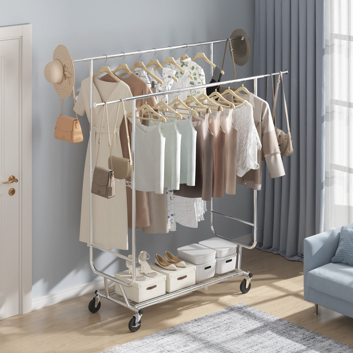 Heavy Duty Clothes Rack, Double Hanging Rod Clothing Garment Rack for Hanging Clothes, Adjustable Height and V952-JYKCYJ4858221BPVDV0