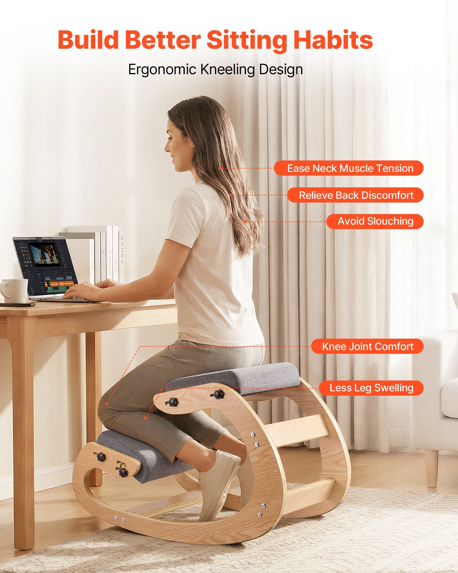 Ergonomic Kneeling Chair, Wooden Posture Knee Chair with Adjustable Thick Foam Cushions & Solid Wood Frame, V952-JYKGYHSBDLWKIM5W8001V0