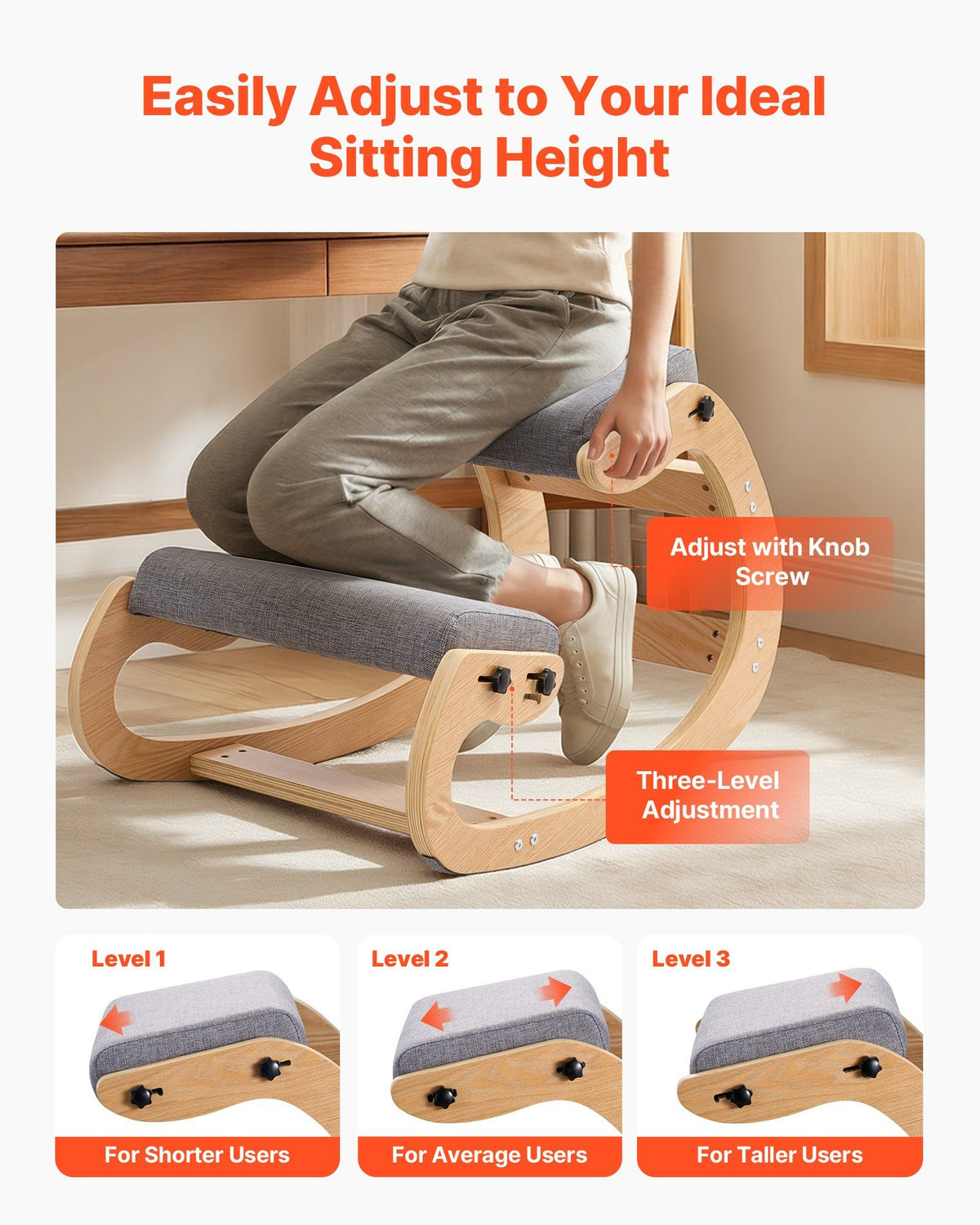 Ergonomic Kneeling Chair, Wooden Posture Knee Chair with Adjustable Thick Foam Cushions & Solid Wood Frame, V952-JYKGYHSBDLWKIM5W8001V0