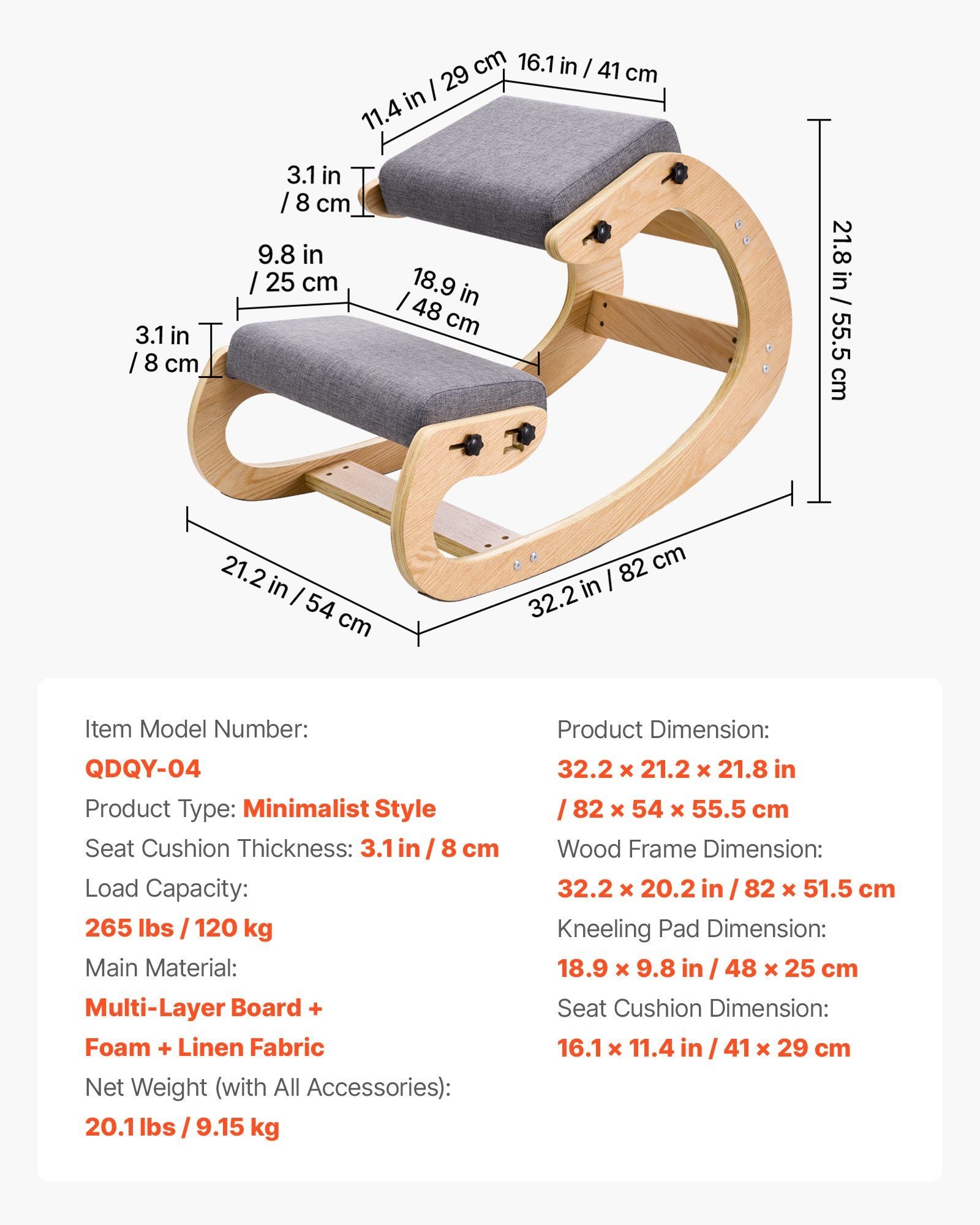 Ergonomic Kneeling Chair, Wooden Posture Knee Chair with Adjustable Thick Foam Cushions & Solid Wood Frame, V952-JYKGYHSBDLWKIM5W8001V0