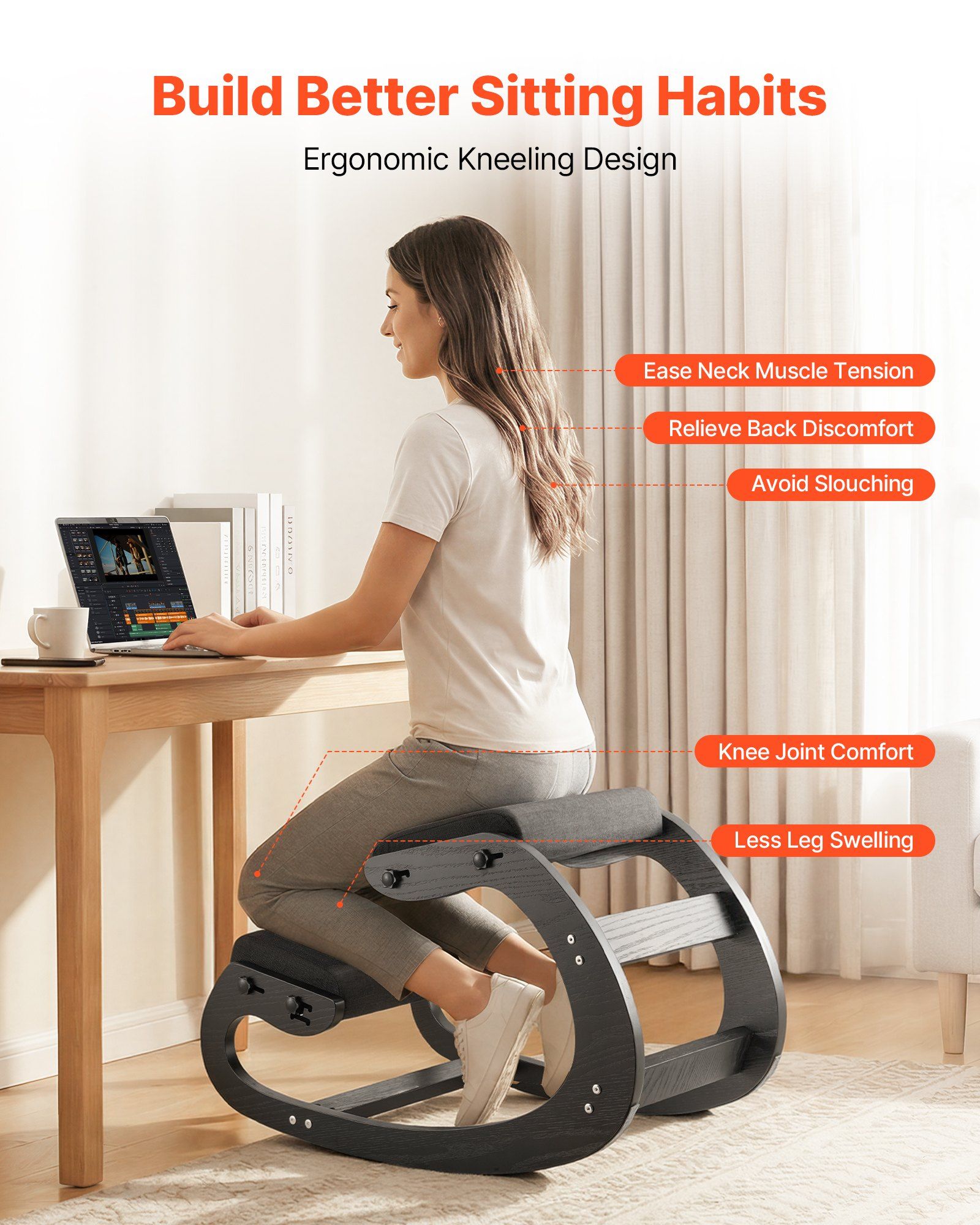 Ergonomic Kneeling Chair, Wooden Posture Knee Chair with Adjustable Thick Foam Cushions & Solid Wood Frame, V952-JYKGYHSBDLWKT4TV5001V0
