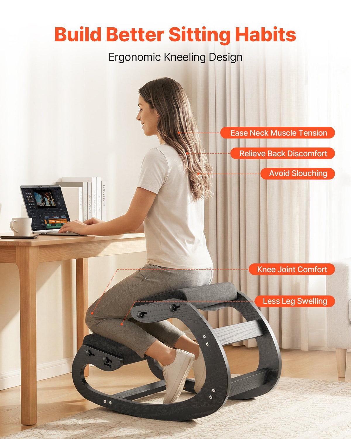 Ergonomic Kneeling Chair, Wooden Posture Knee Chair with Adjustable Thick Foam Cushions & Solid Wood Frame, V952-JYKGYHSBDLWKT4TV5001V0