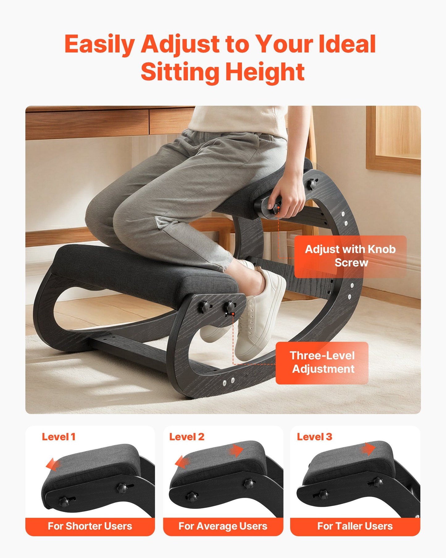 Ergonomic Kneeling Chair, Wooden Posture Knee Chair with Adjustable Thick Foam Cushions & Solid Wood Frame, V952-JYKGYHSBDLWKT4TV5001V0
