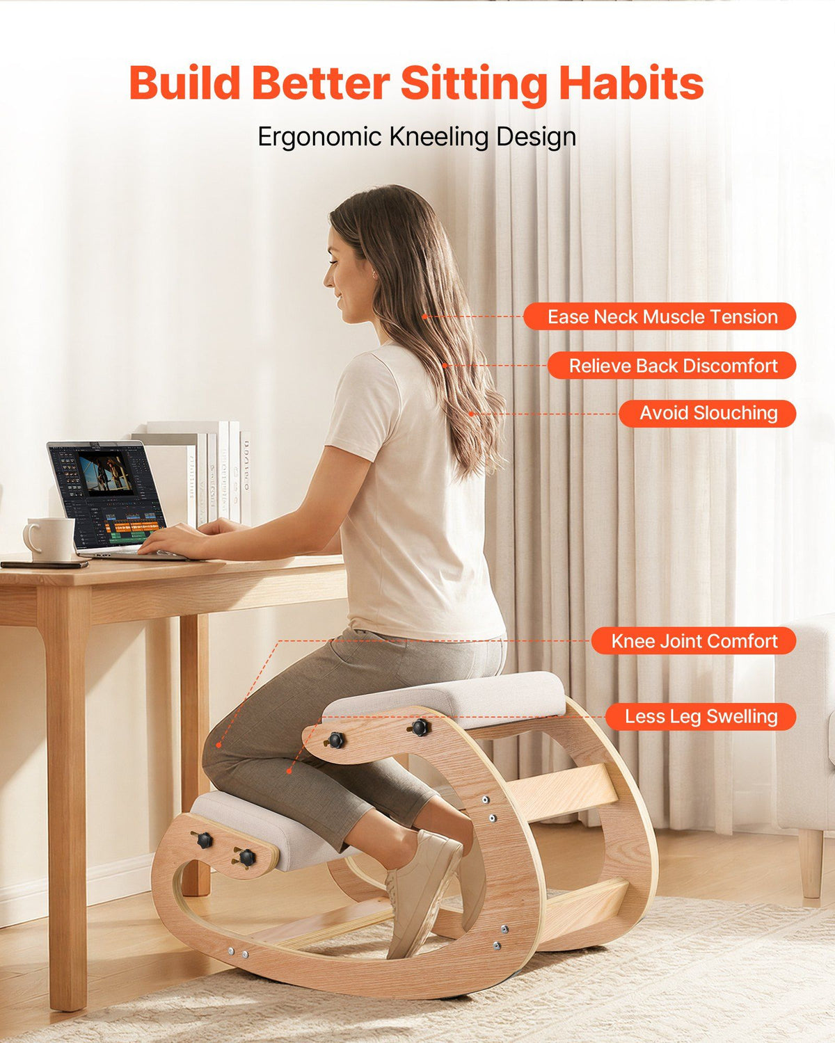 Ergonomic Kneeling Chair, Wooden Posture Knee Chair with Adjustable Thick Foam Cushions & Solid Wood Frame, V952-JYKGYMBSBDLWFBRDG001V0