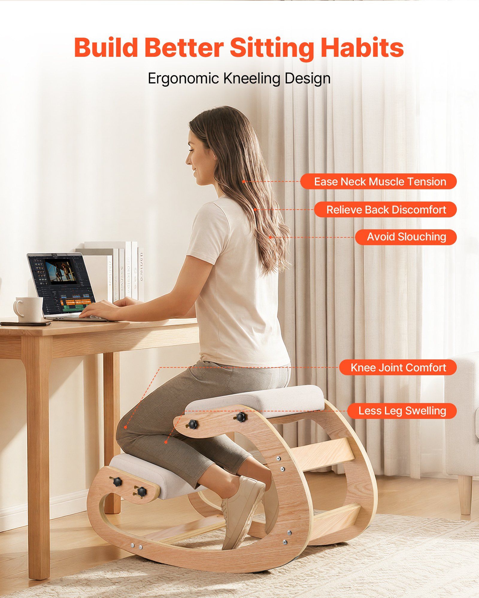 Ergonomic Kneeling Chair, Wooden Posture Knee Chair with Adjustable Thick Foam Cushions & Solid Wood Frame, V952-JYKGYMBSBDLWFBRDG001V0