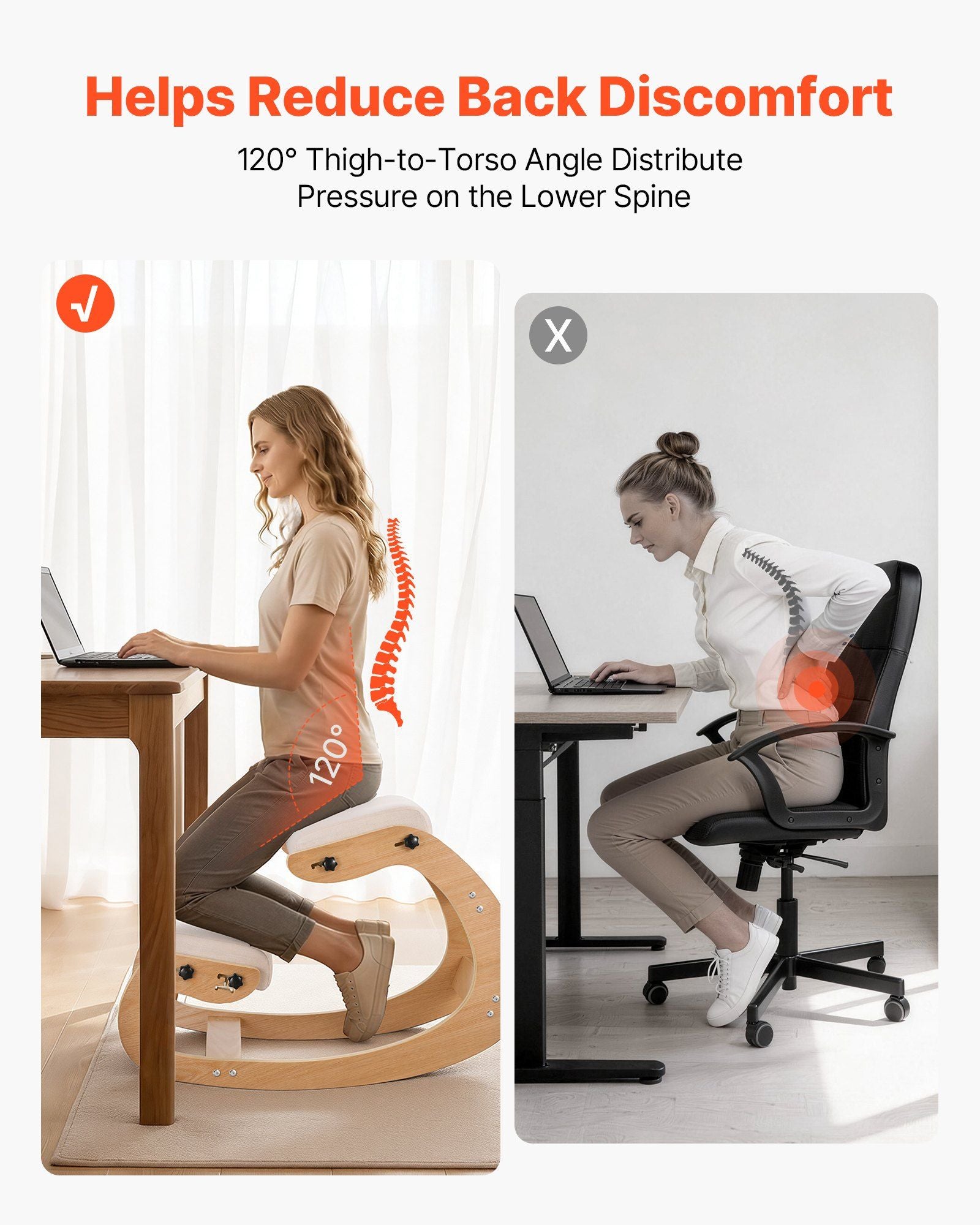 Ergonomic Kneeling Chair, Wooden Posture Knee Chair with Adjustable Thick Foam Cushions & Solid Wood Frame, V952-JYKGYMBSBDLWFBRDG001V0
