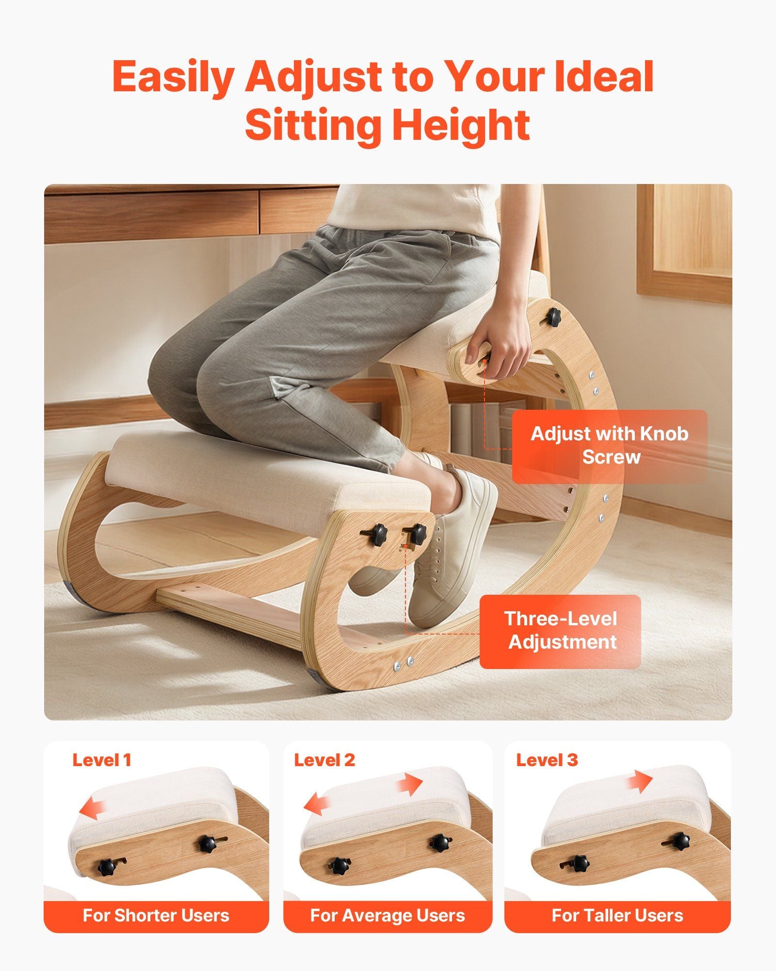 Ergonomic Kneeling Chair, Wooden Posture Knee Chair with Adjustable Thick Foam Cushions & Solid Wood Frame, V952-JYKGYMBSBDLWFBRDG001V0