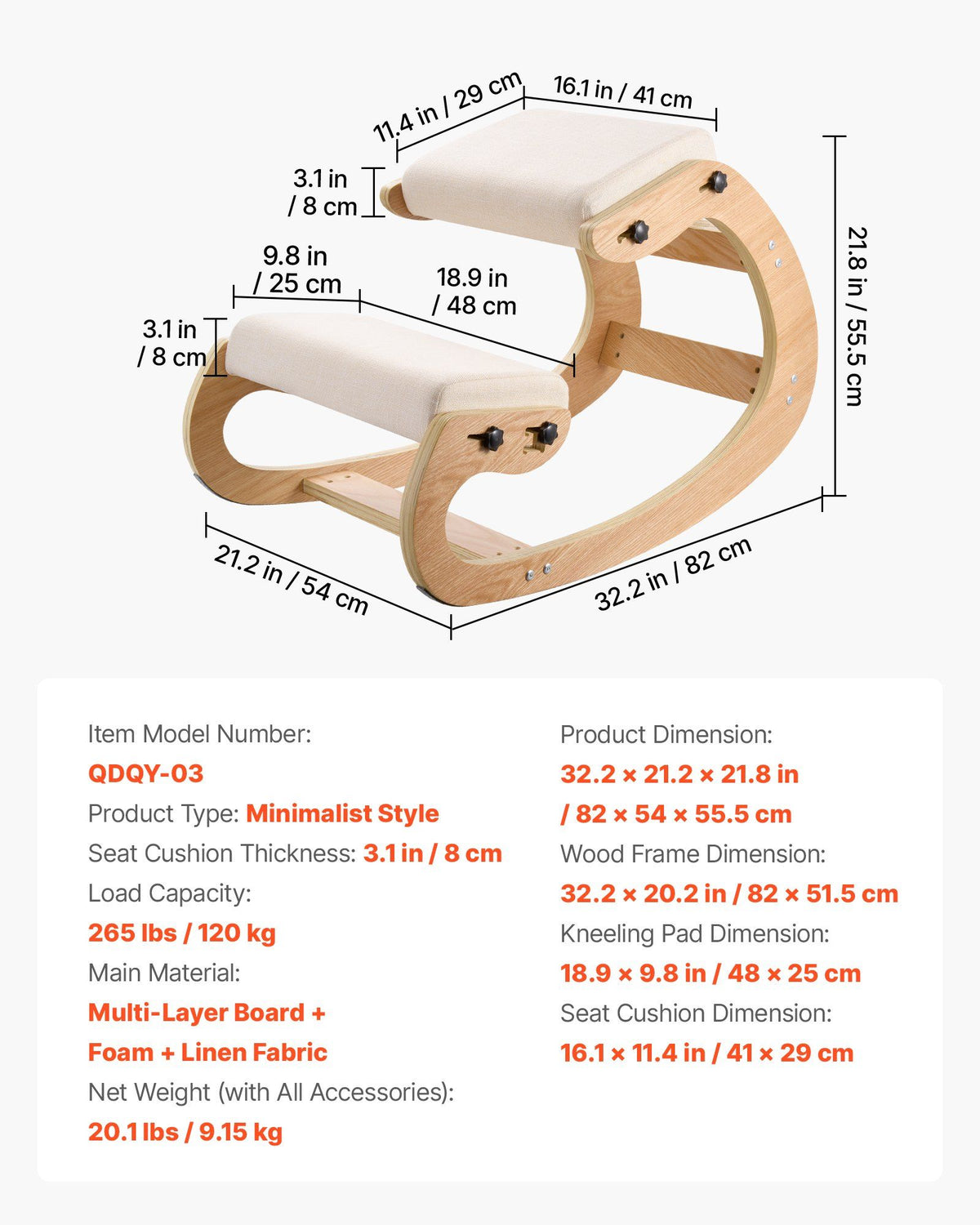 Ergonomic Kneeling Chair, Wooden Posture Knee Chair with Adjustable Thick Foam Cushions & Solid Wood Frame, V952-JYKGYMBSBDLWFBRDG001V0