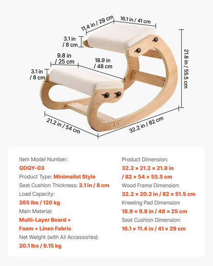 Ergonomic Kneeling Chair, Wooden Posture Knee Chair with Adjustable Thick Foam Cushions & Solid Wood Frame, V952-JYKGYMBSBDLWFBRDG001V0