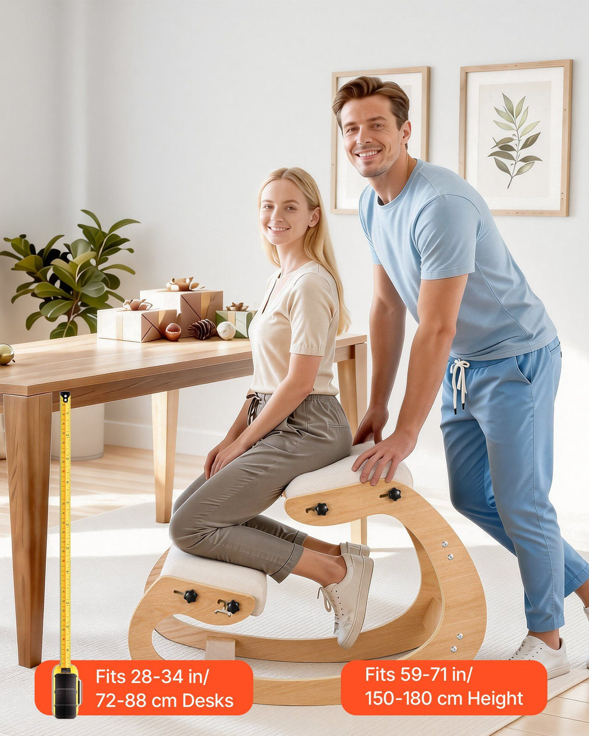Ergonomic Kneeling Chair, Wooden Posture Knee Chair with Adjustable Thick Foam Cushions & Solid Wood Frame, V952-JYKGYMBSBDLWFBRDG001V0