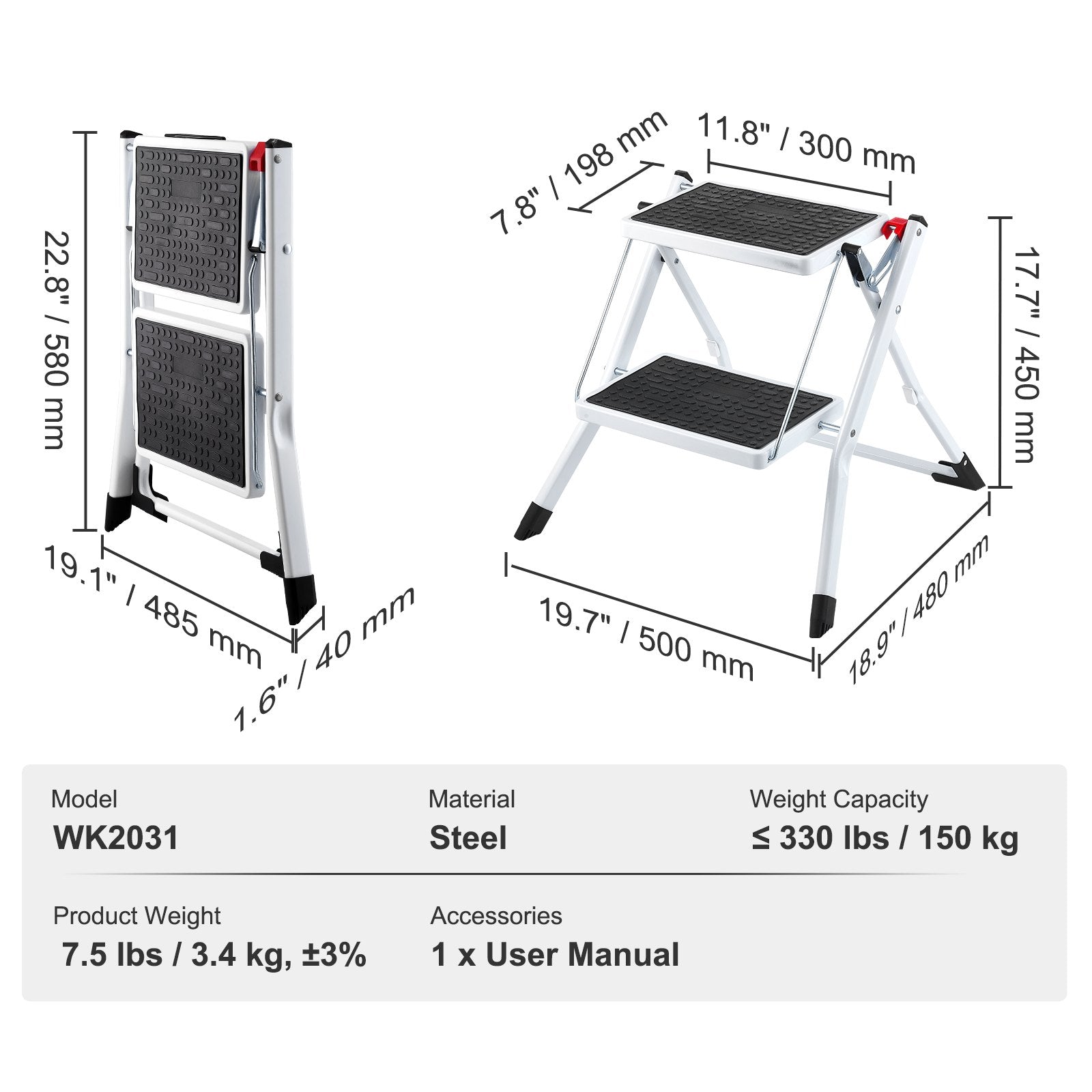 Step Ladder 2-Step 150kg Capacity, Ergonomic Folding Steel Step Stool with Wide Anti-Slip Pedal, Sturdy Step V952-JYTDGKZDLB00QE3JSV0