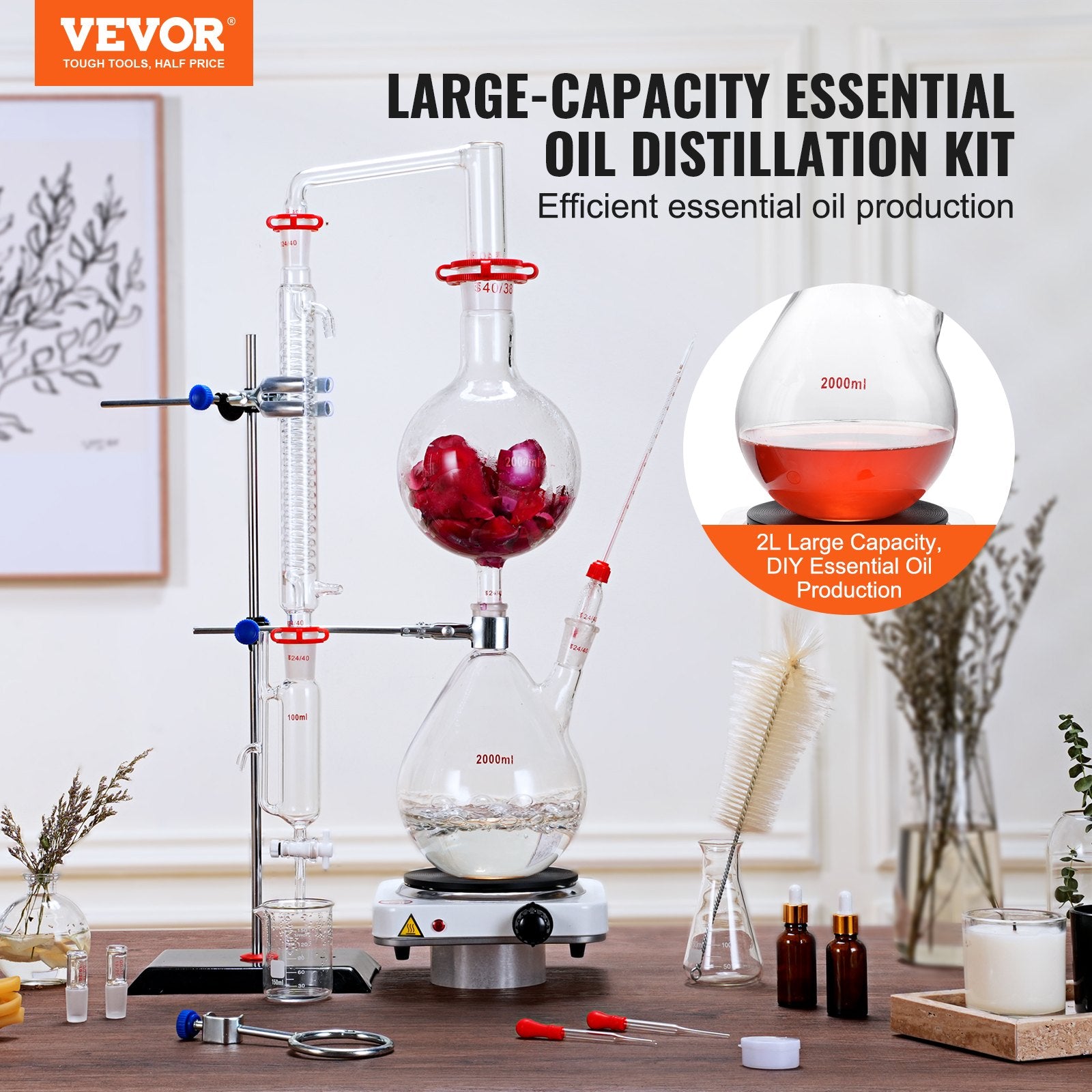 Essential Oil Distillation Kit, 2000ml Distillation Apparatus, 3.3 Boro Lab Glassware Distillation Kit with V952-JYTQBLZZJPDJMWNR6V3
