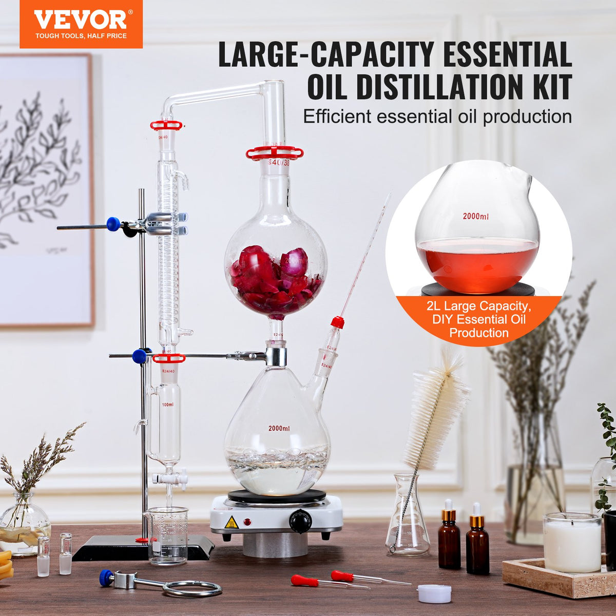 Essential Oil Distillation Kit, 2000ml Distillation Apparatus, 3.3 Boro Lab Glassware Distillation Kit with V952-JYTQBLZZJPDJMWNR6V3