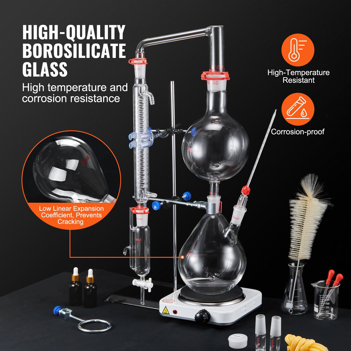 Essential Oil Distillation Kit, 2000ml Distillation Apparatus, 3.3 Boro Lab Glassware Distillation Kit with V952-JYTQBLZZJPDJMWNR6V3