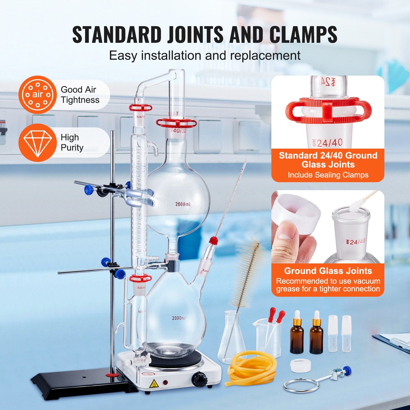 Essential Oil Distillation Kit, 2000ml Distillation Apparatus, 3.3 Boro Lab Glassware Distillation Kit with V952-JYTQBLZZJPDJMWNR6V3