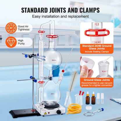 Essential Oil Distillation Kit, 2000ml Distillation Apparatus, 3.3 Boro Lab Glassware Distillation Kit with V952-JYTQBLZZJPDJMWNR6V3