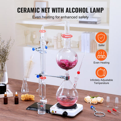 Essential Oil Distillation Kit, 2000ml Distillation Apparatus, 3.3 Boro Lab Glassware Distillation Kit with V952-JYTQBLZZJPDJMWNR6V3