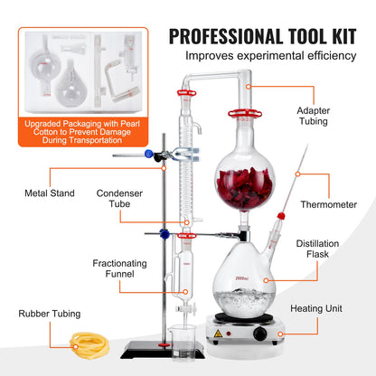 Essential Oil Distillation Kit, 2000ml Distillation Apparatus, 3.3 Boro Lab Glassware Distillation Kit with V952-JYTQBLZZJPDJMWNR6V3