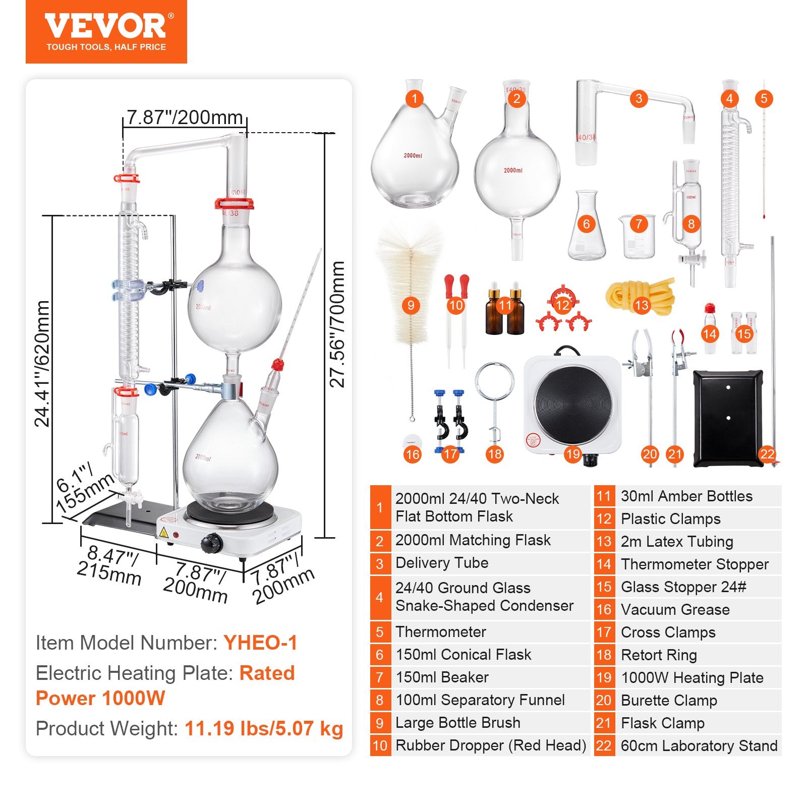 Essential Oil Distillation Kit, 2000ml Distillation Apparatus, 3.3 Boro Lab Glassware Distillation Kit with V952-JYTQBLZZJPDJMWNR6V3