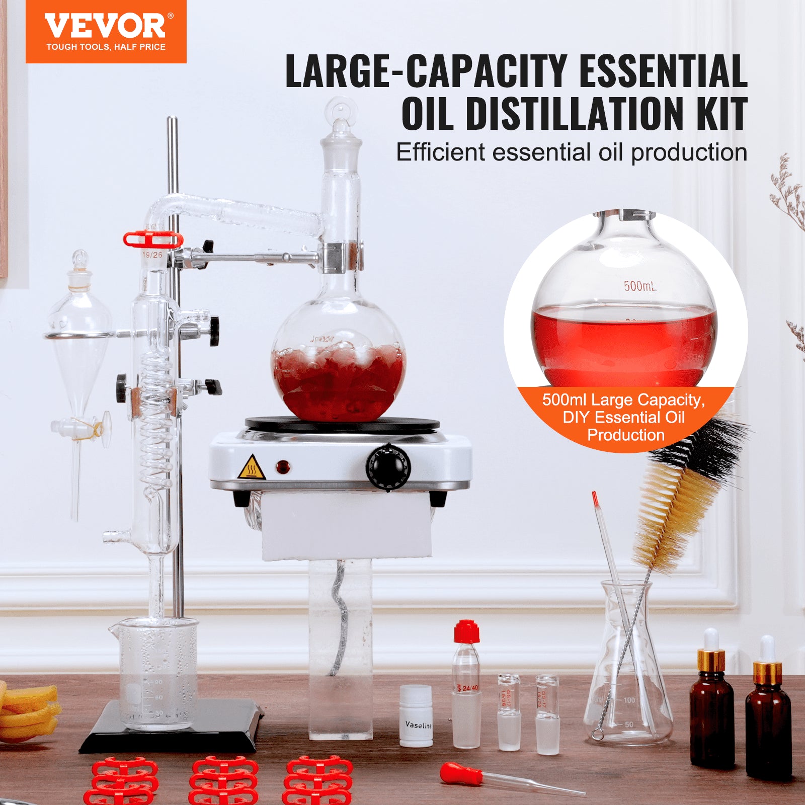 Essential Oil Distillation Kit, 500ml Distillation Apparatus, 3.3 Boro Lab Glassware Distillation Kit with V952-JYTQBLZZJPDJRG1A4V3