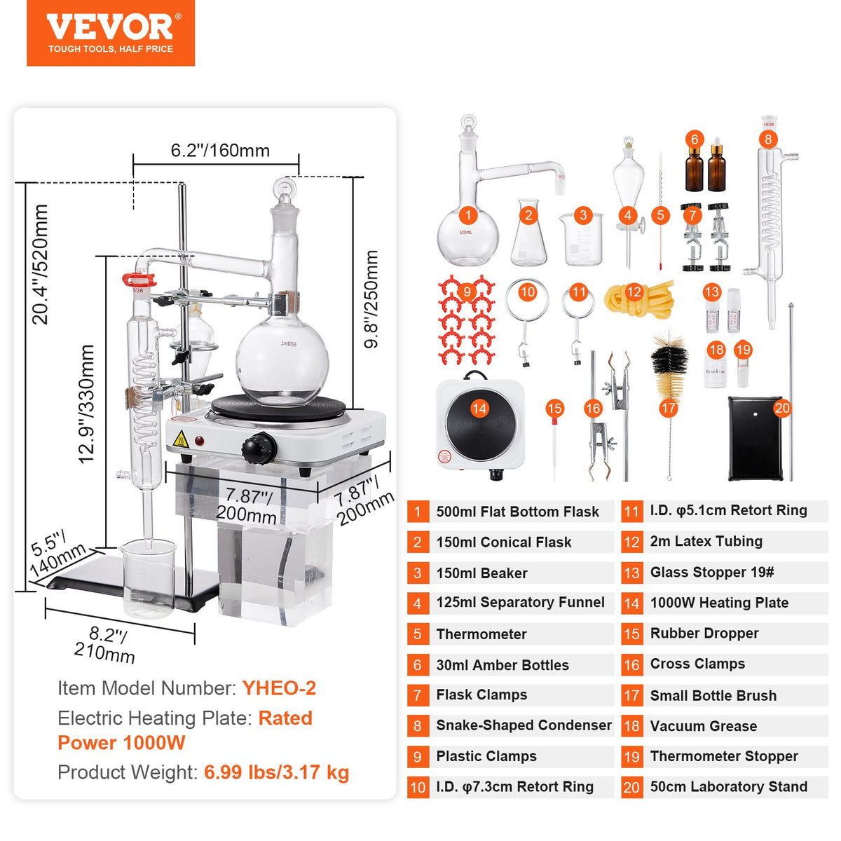 Essential Oil Distillation Kit, 500ml Distillation Apparatus, 3.3 Boro Lab Glassware Distillation Kit with V952-JYTQBLZZJPDJRG1A4V3