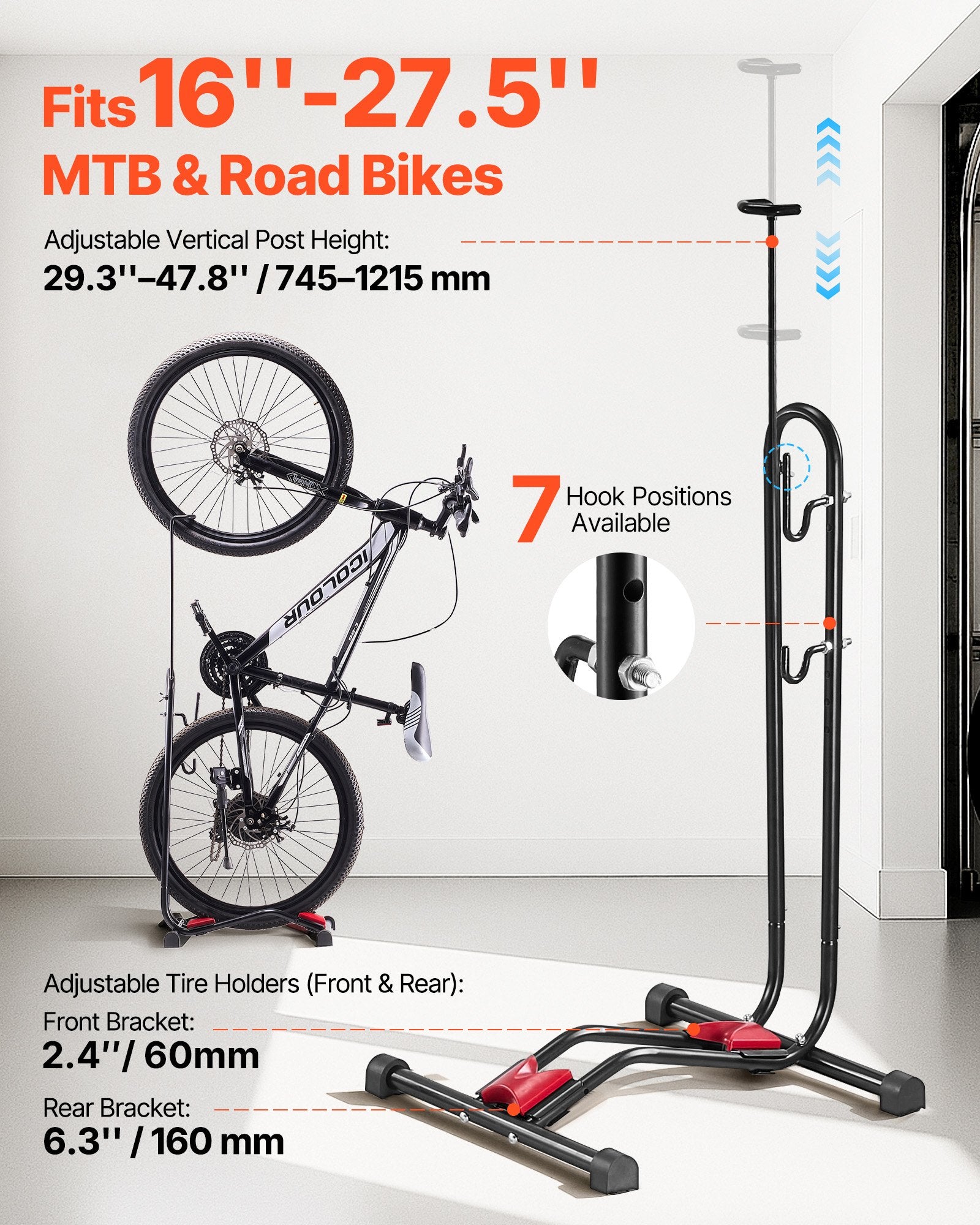 Bike Rack, Upright Bike Stand Floor for 406.4 to 700 mm Mountain & Road Bikes, Vertical & Horizontal Bicycle V952-JYZXCTFJHSHJ435N7001V0