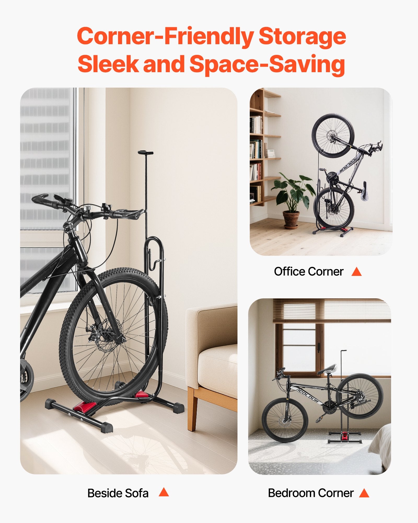 Bike Rack, Upright Bike Stand Floor for 406.4 to 700 mm Mountain & Road Bikes, Vertical & Horizontal Bicycle V952-JYZXCTFJHSHJ435N7001V0