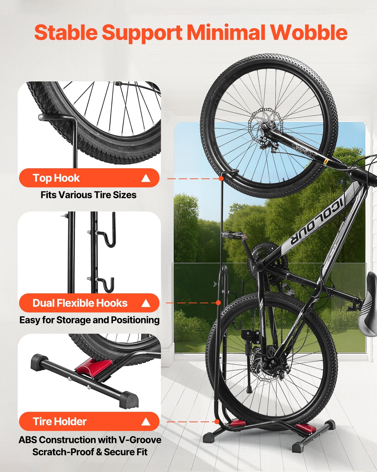 Bike Rack, Upright Bike Stand Floor for 406.4 to 700 mm Mountain & Road Bikes, Vertical & Horizontal Bicycle V952-JYZXCTFJHSHJ435N7001V0