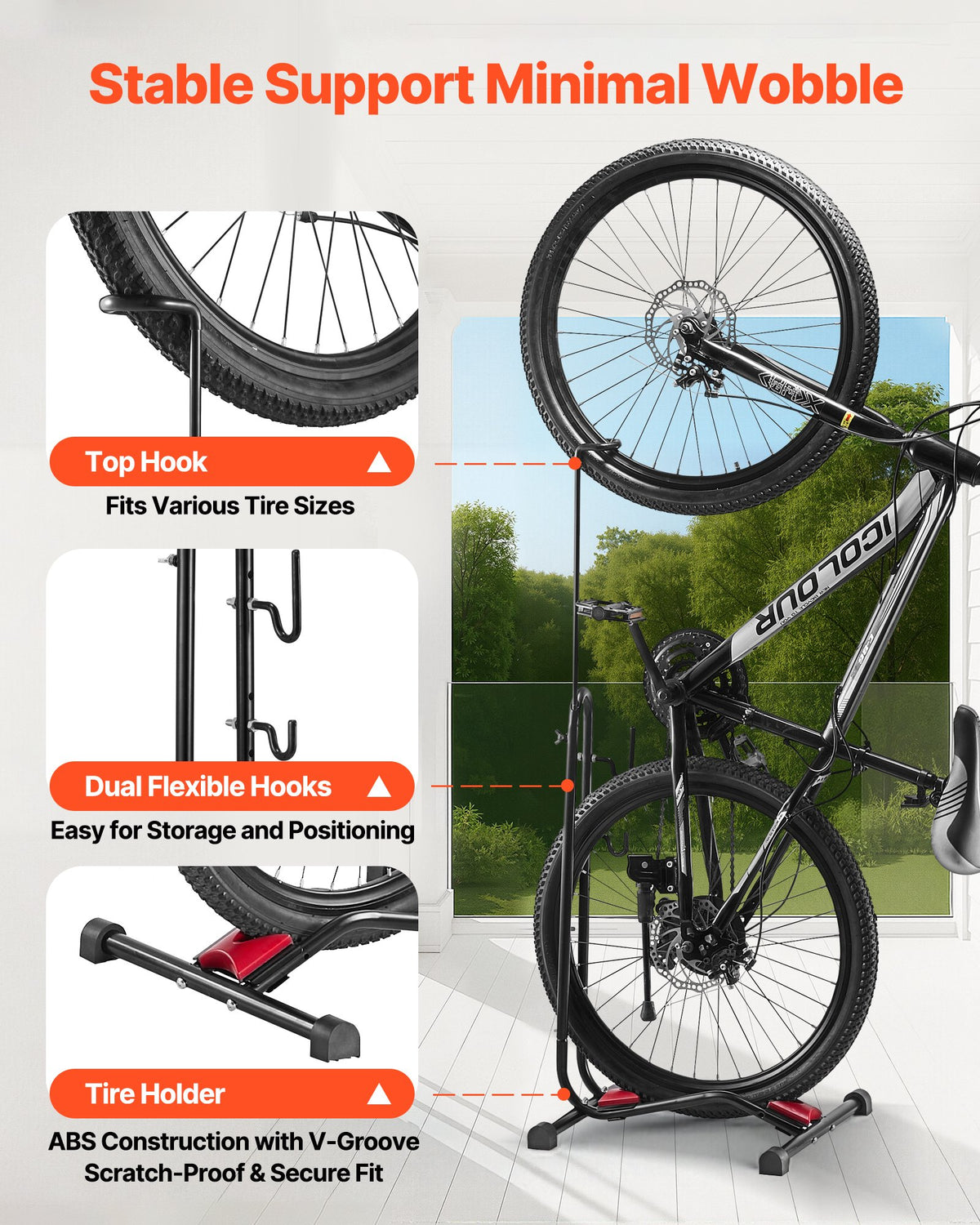 Bike Rack, Upright Bike Stand Floor for 406.4 to 700 mm Mountain & Road Bikes, Vertical & Horizontal Bicycle V952-JYZXCTFJHSHJ435N7001V0
