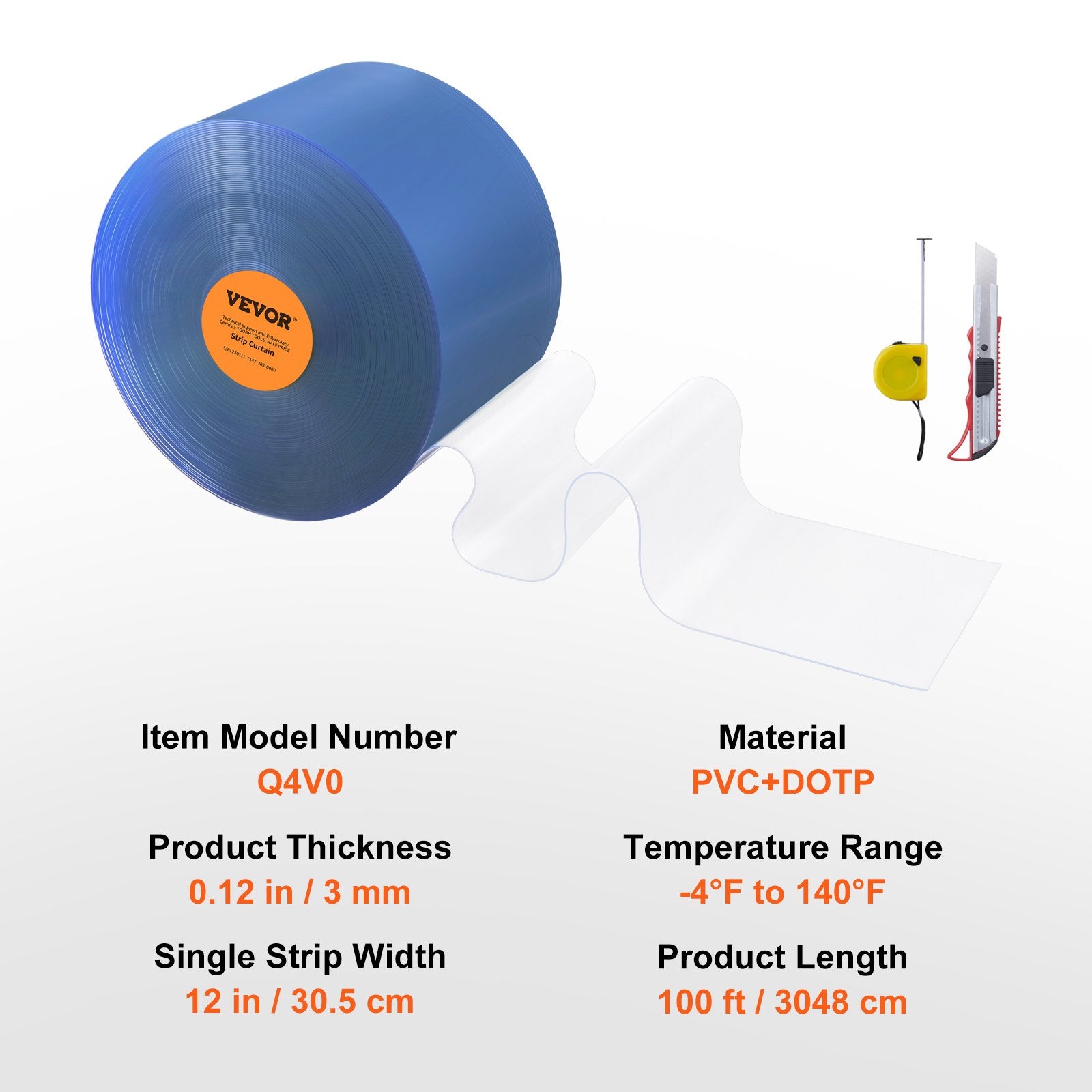 Strip Curtain, 3048 cm L x 30.5 cm W x 3 mm Thickness, Clear PVC Smooth Curtain Strip Door Bulk Roll, Plastic V952-JZMLJZGHMWJCMPNQ4V0