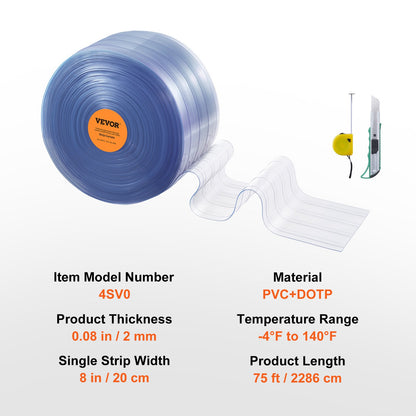 Strip Curtain, 2286 cm L x 20 cm W x 2 mm Thickness, Clear Ribbed PVC Curtain Strip Door Bulk Roll, Plastic V952-JZPVC75X81PCS684SV0