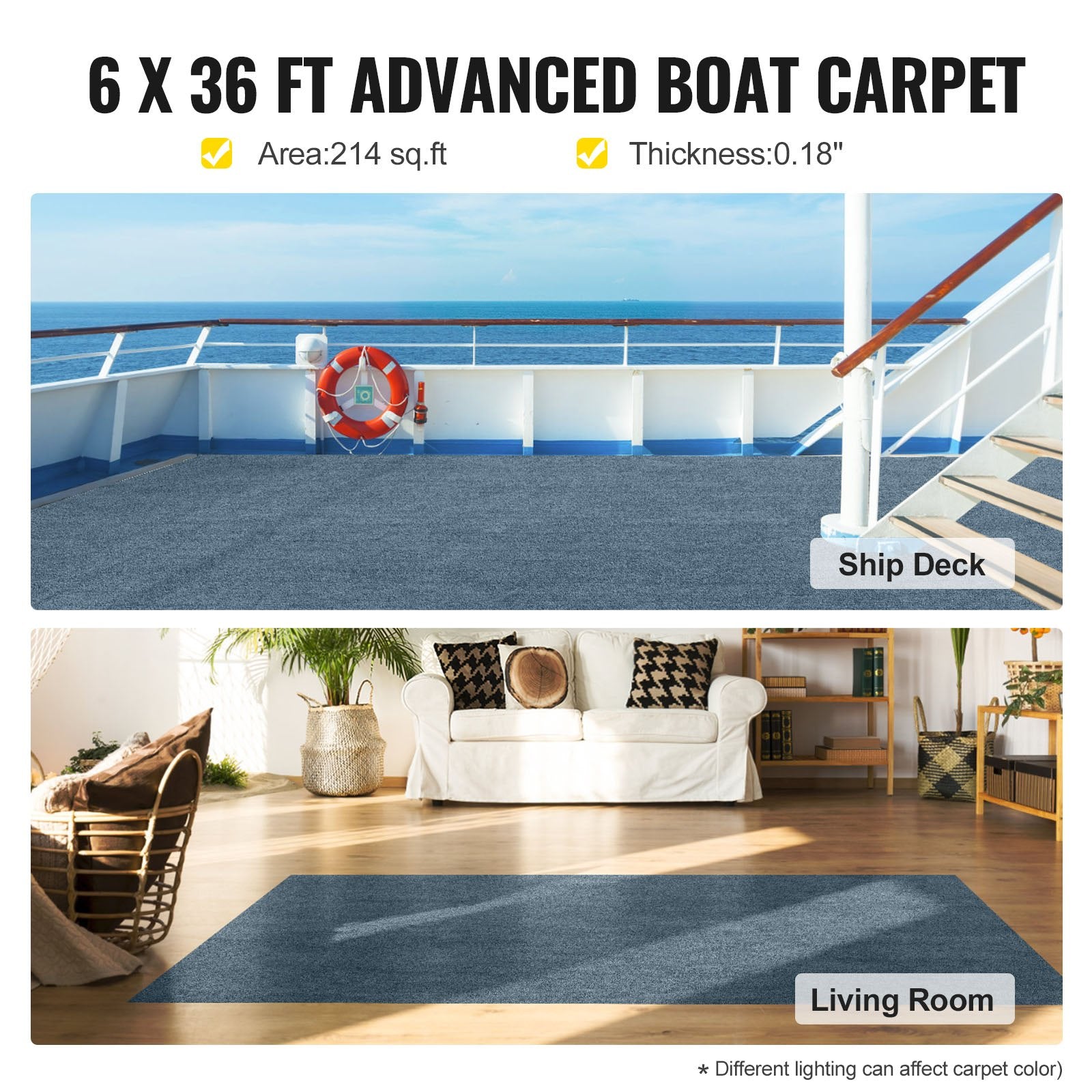 Gray Marine Carpet 6 ft x 36 ft, Boat Carpet Rugs, Indoor Outdoor Rugs for Patio Deck Anti-Slide TPR V952-JZXWDTHS1.8X11M01V0