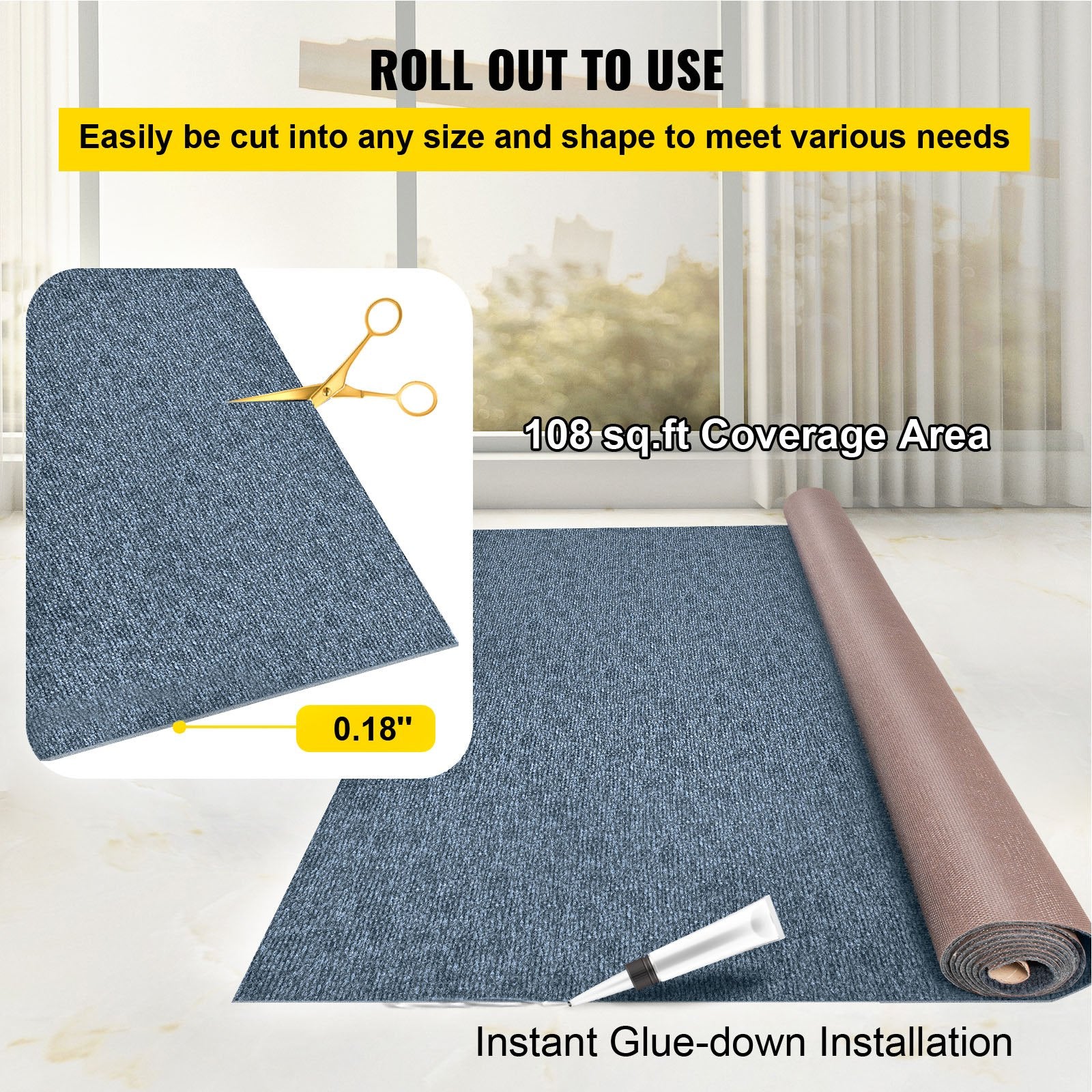 Gray Marine Carpet 6 ft x 36 ft, Boat Carpet Rugs, Indoor Outdoor Rugs for Patio Deck Anti-Slide TPR V952-JZXWDTHS1.8X11M01V0