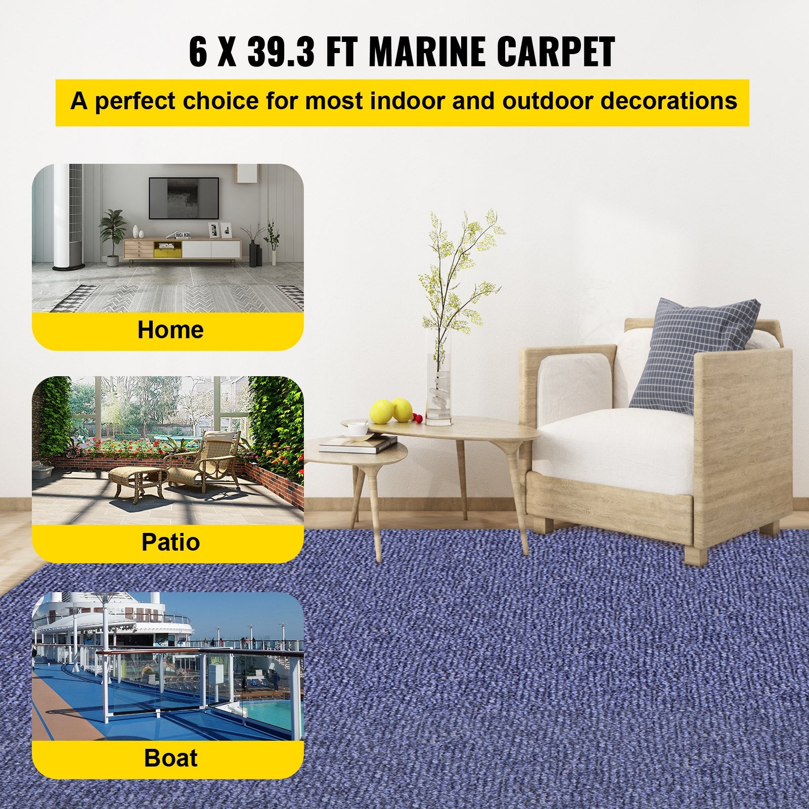 Deep Blue Marine Carpet 6 ft x 39.3 ft, Boat Carpet Rugs, Indoor Outdoor Rugs for Patio Deck Non-Slide TPR V952-JZXWDTLS1.8X12M01V0
