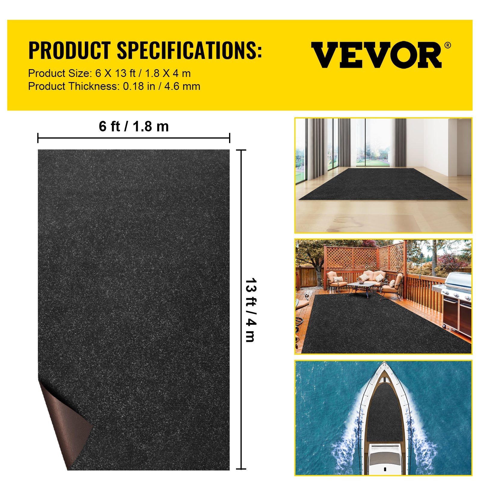 Bass Boat Carpet Cutpile Marine Carpet 6 x 13 ft Charcoal Black In/Outdoor V952-JZXWDTTH1.84MAXUHV0